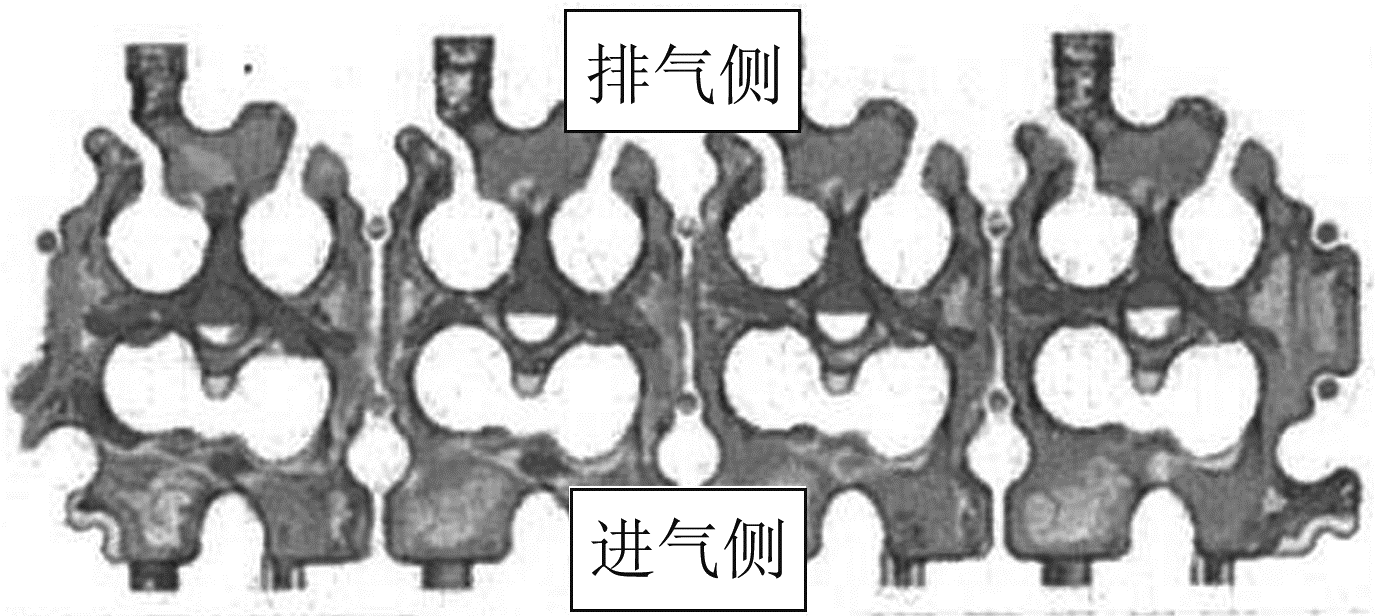 图14 气缸盖水流分析(等高线表示冷却水流速)