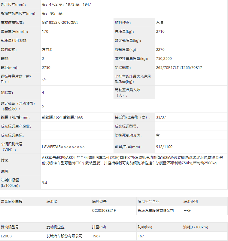 坦克300游侠版申报信息