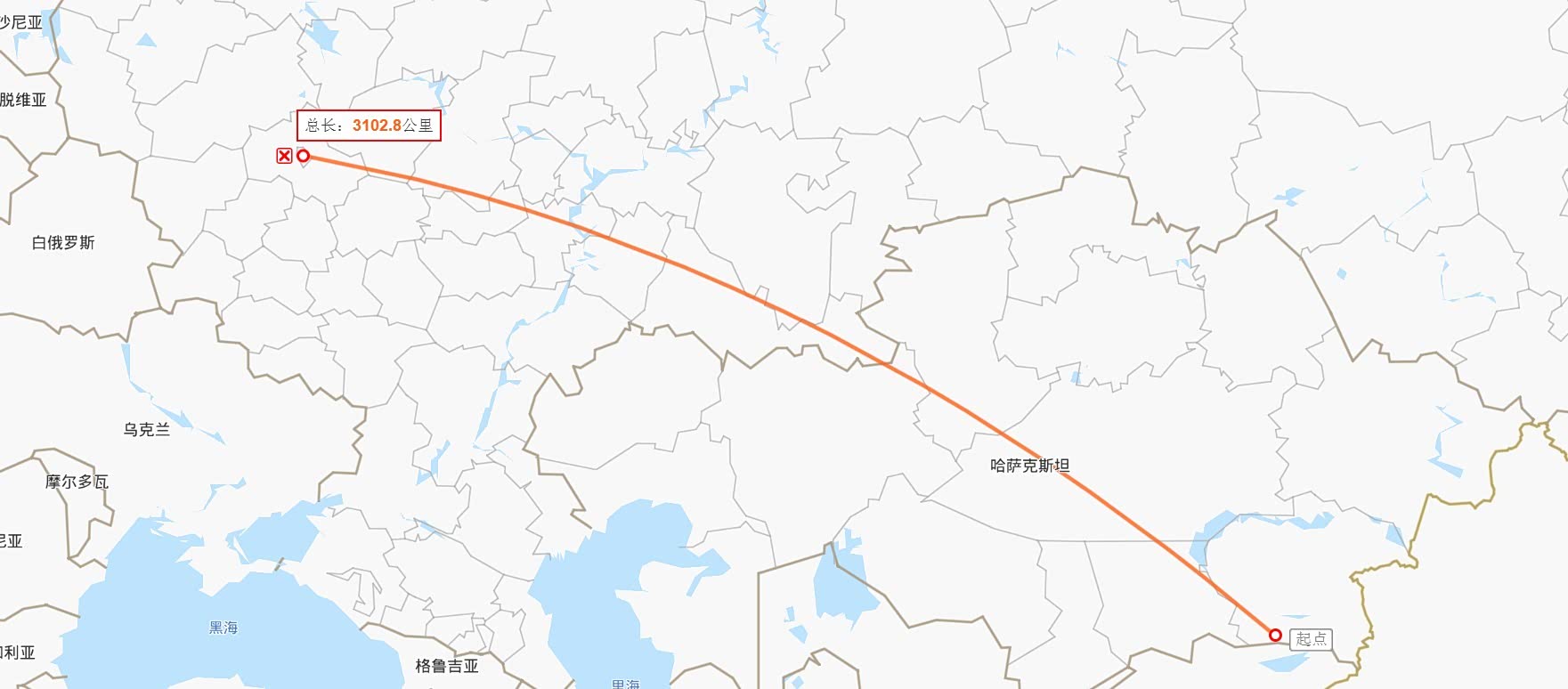 莫斯科-阿拉木图的距离示意图