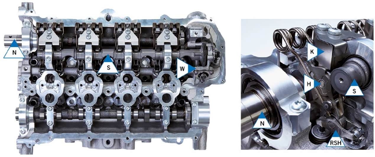 图7 进气侧UpValve全可变气门机构及其气缸盖（图中标记含义同图1）