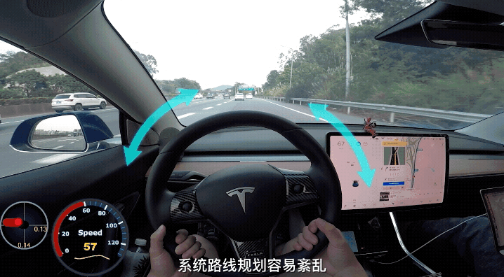 电动邦实测：杂乱的车道线会让车辆判断发生紊乱，出现蛇皮走位