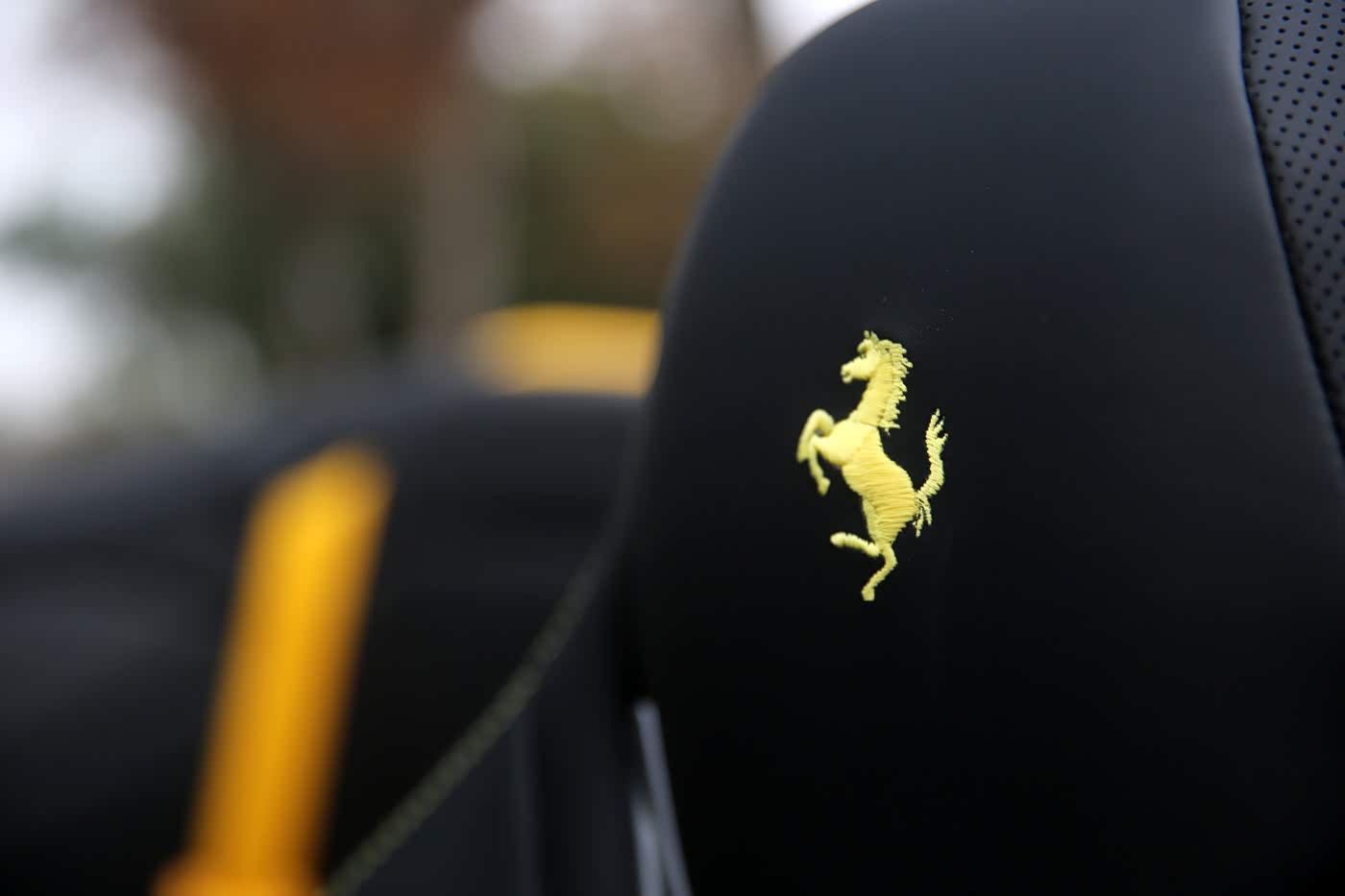 刺绣的跃马头枕徽标， 选装件。 这个跃马的意大利名字叫Cavallino