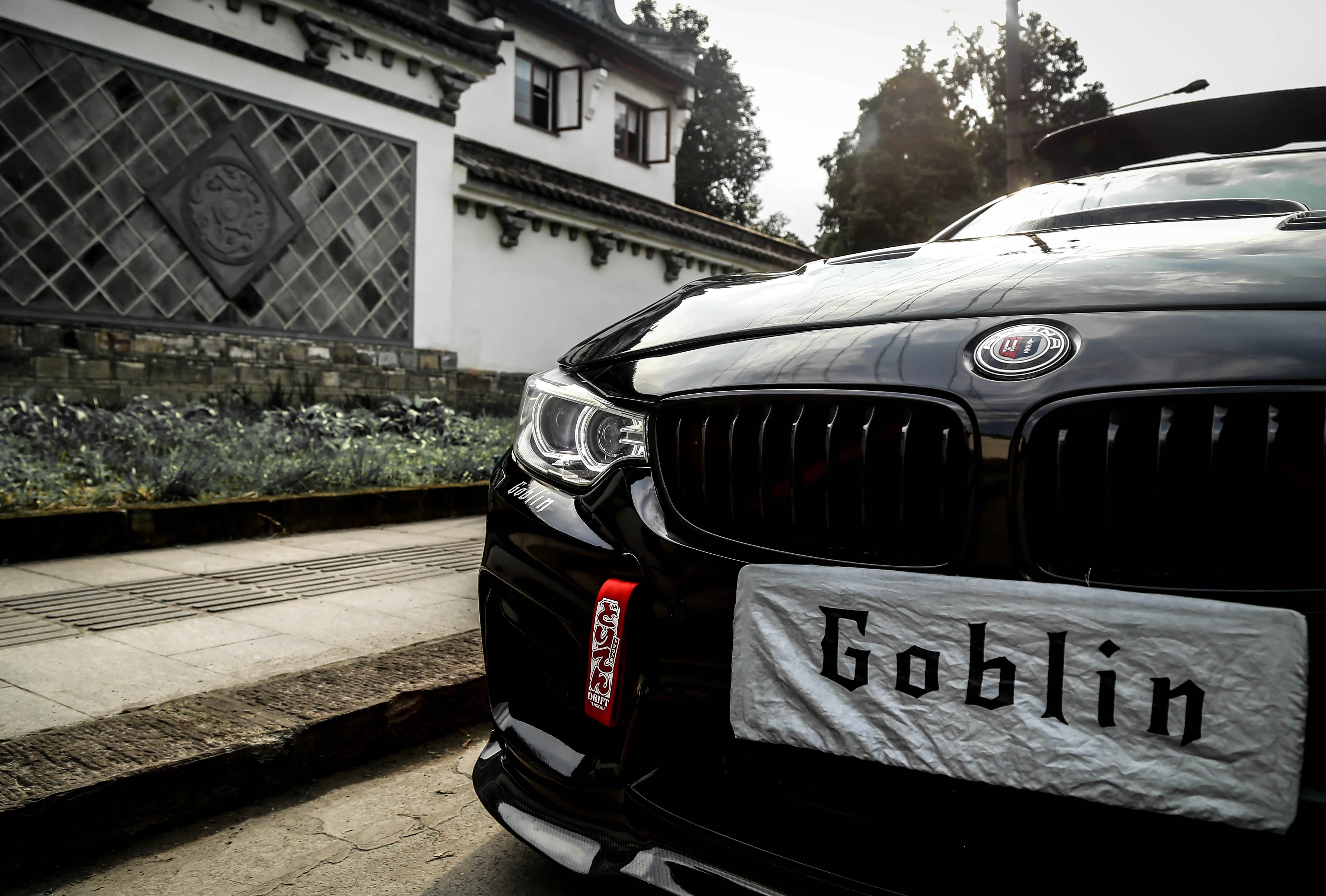 贴了一个阿尔宾娜的标，配合黑色双肾，点缀红色的拖车绳，小细节，得人心。