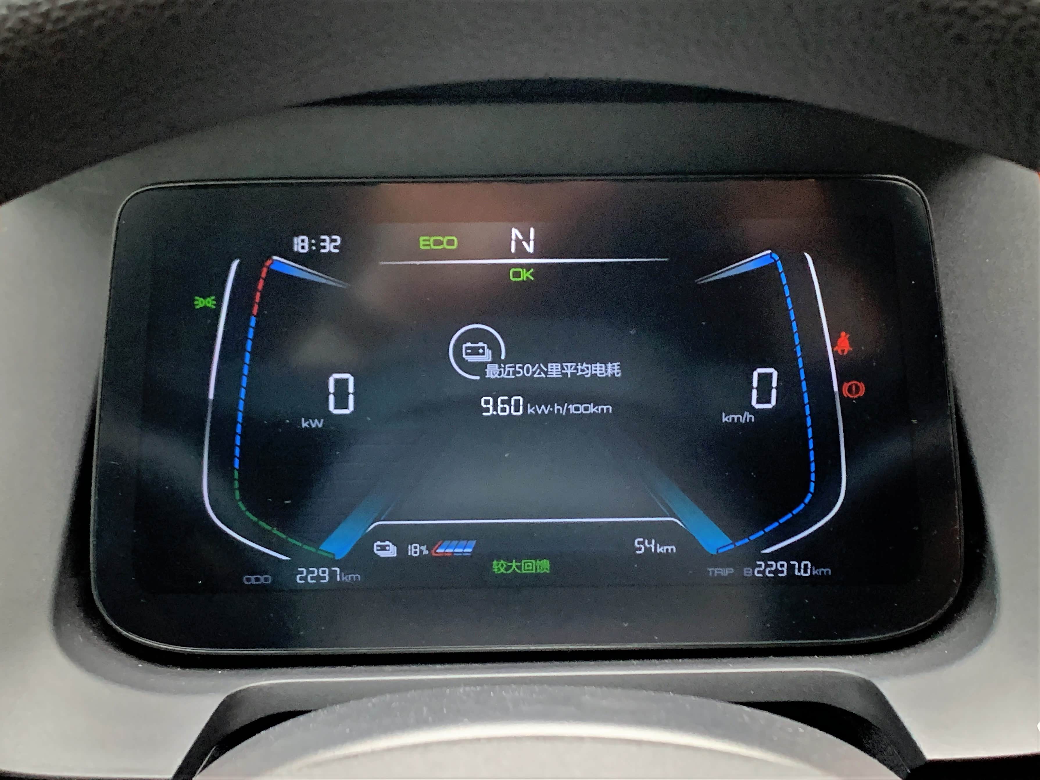 8英寸的液晶仪表显示功能丰富，包括电量、瞬时能耗、续航里程等等信息一目了然