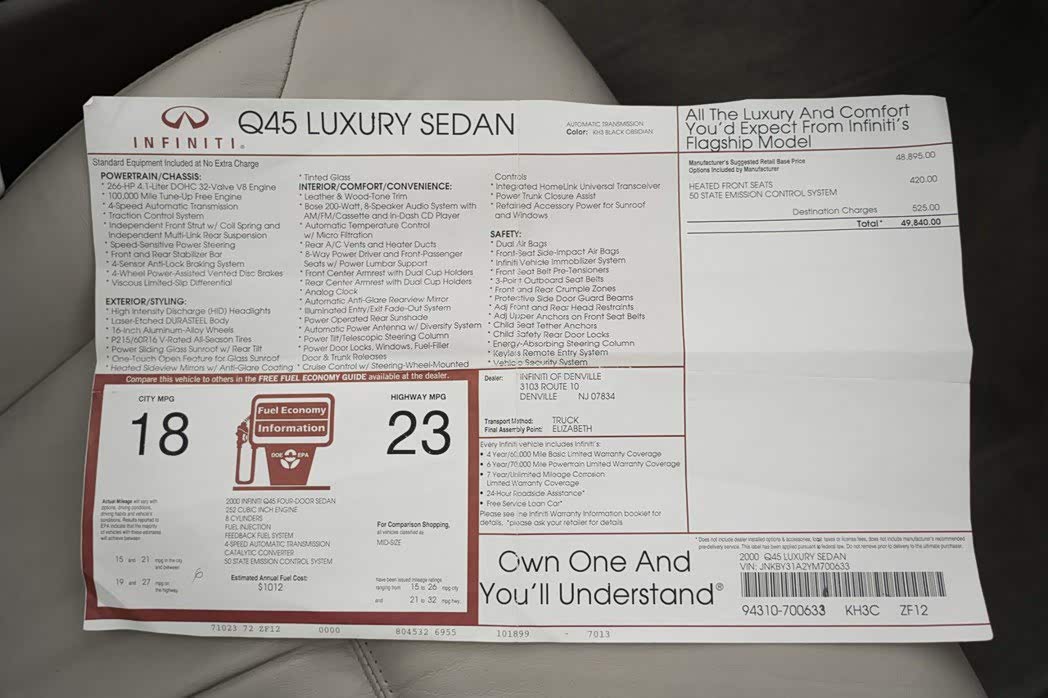 当时Infiniti Q45的配备单据。图／摘自Bring A Trailer
