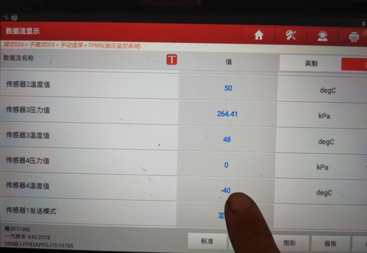 由于无法从仪表盘看到具体是哪个车轮的传感器报警，只能用工具连接OBD读取行车电脑数据。
