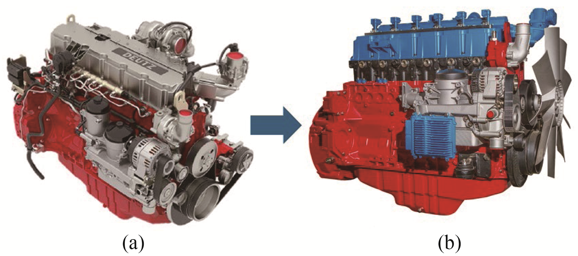图2 将原有的Deutz 7.8TCD型柴油机(a)调整为Deutz 7.8TCG H2型氢发动机(