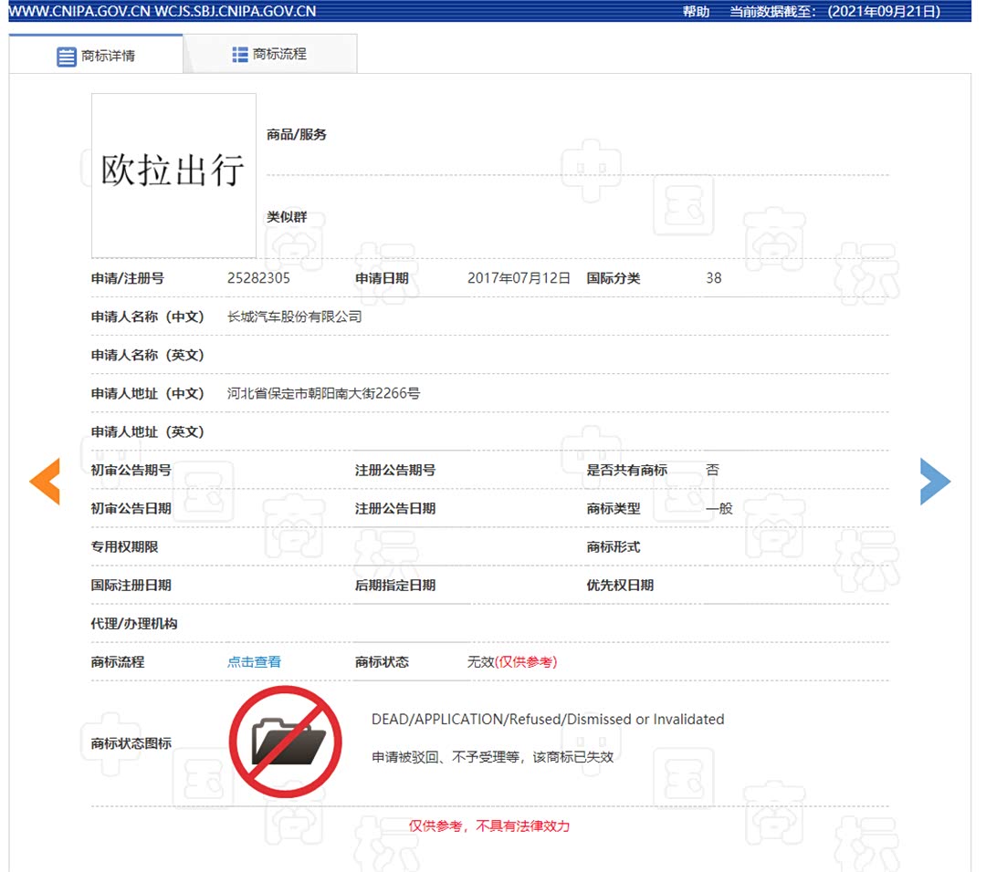 长城欧拉商标注册被驳回