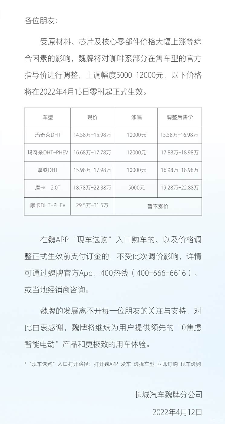 最高涨幅1.2万 魏牌旗下部分车型将调价