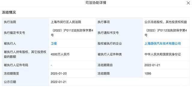 游侠汽车董事长卫俊被冻结4500万元股权