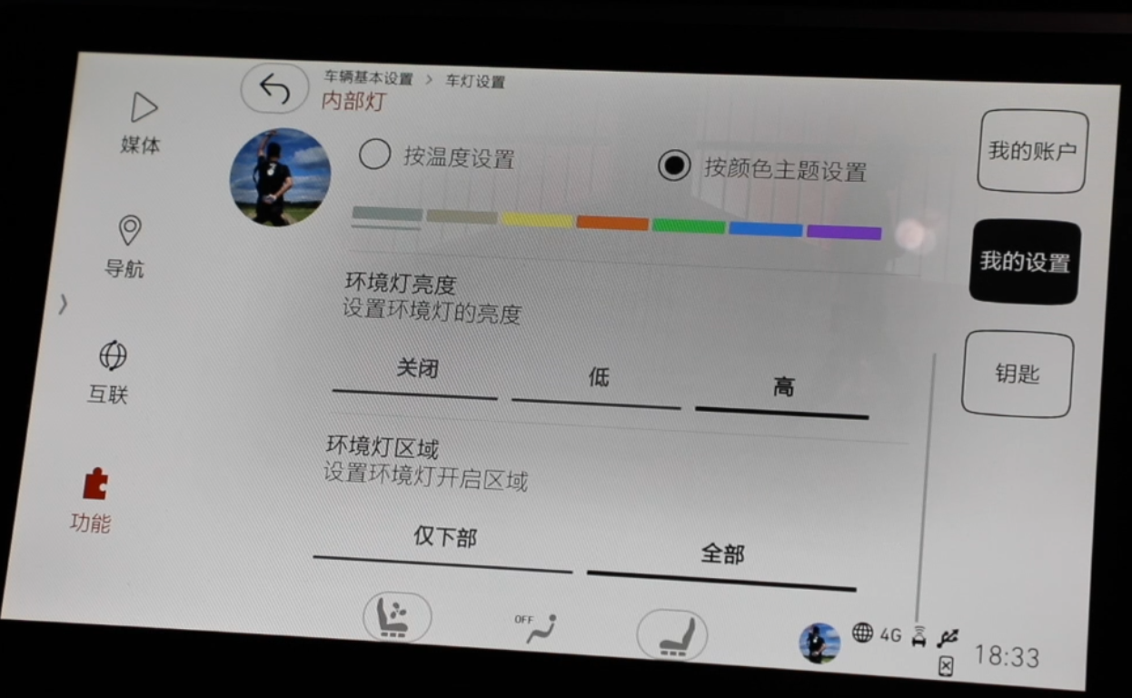 环境灯是前排面板和车门中部的灯带，因为亮度建议调到最高和全部模式。