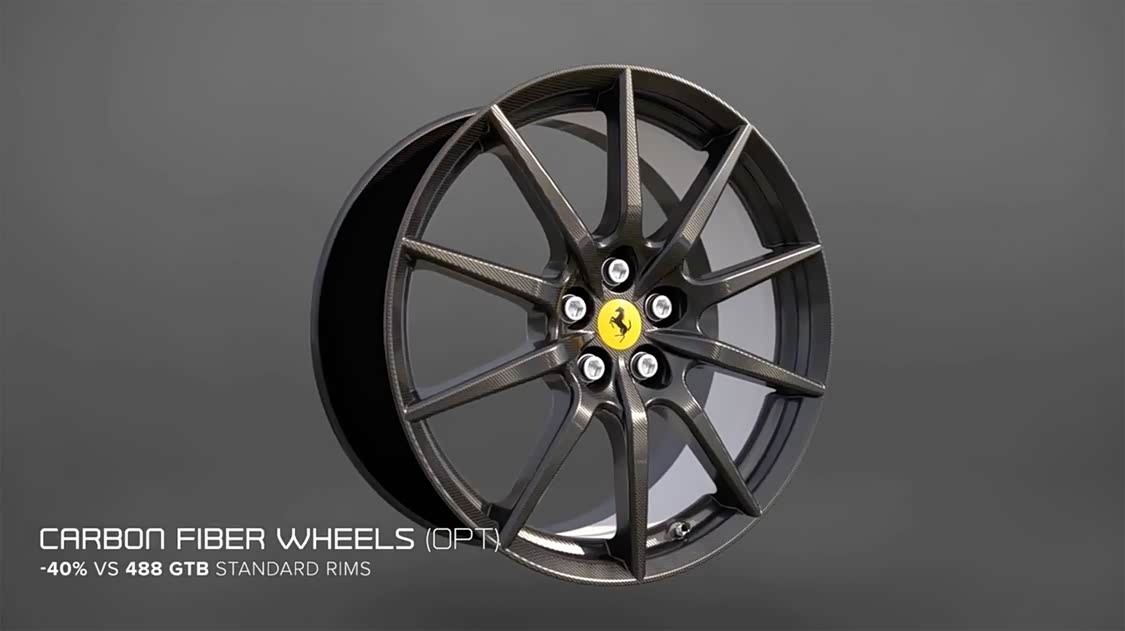 采用碳纤维打造的轮毂，相比 488 GTB 的标准轮毂减重 40%