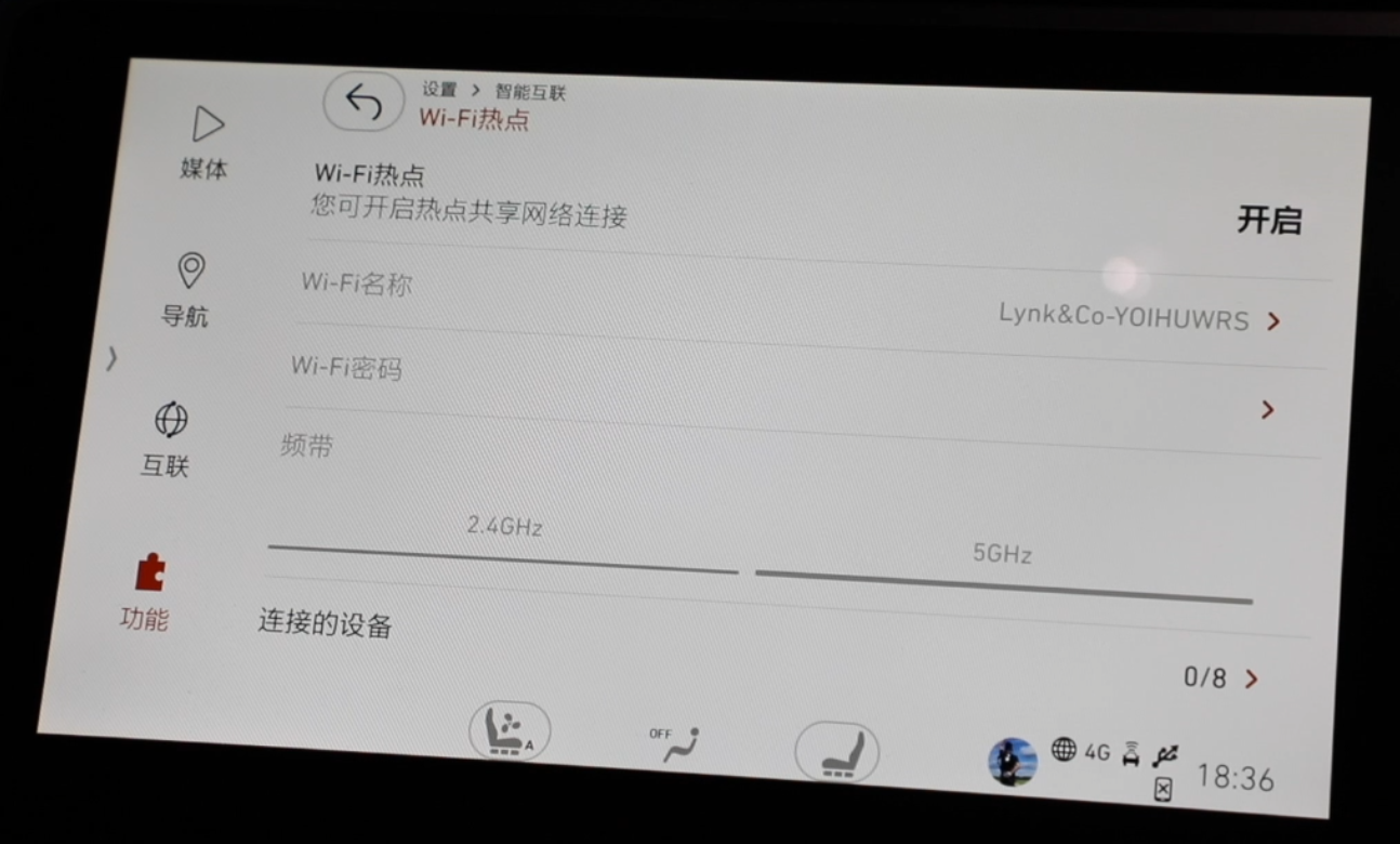 Wifi热点能把车载宽带共享给其他设备，设置好名称、密码、频率，最多连接8个电子设备。