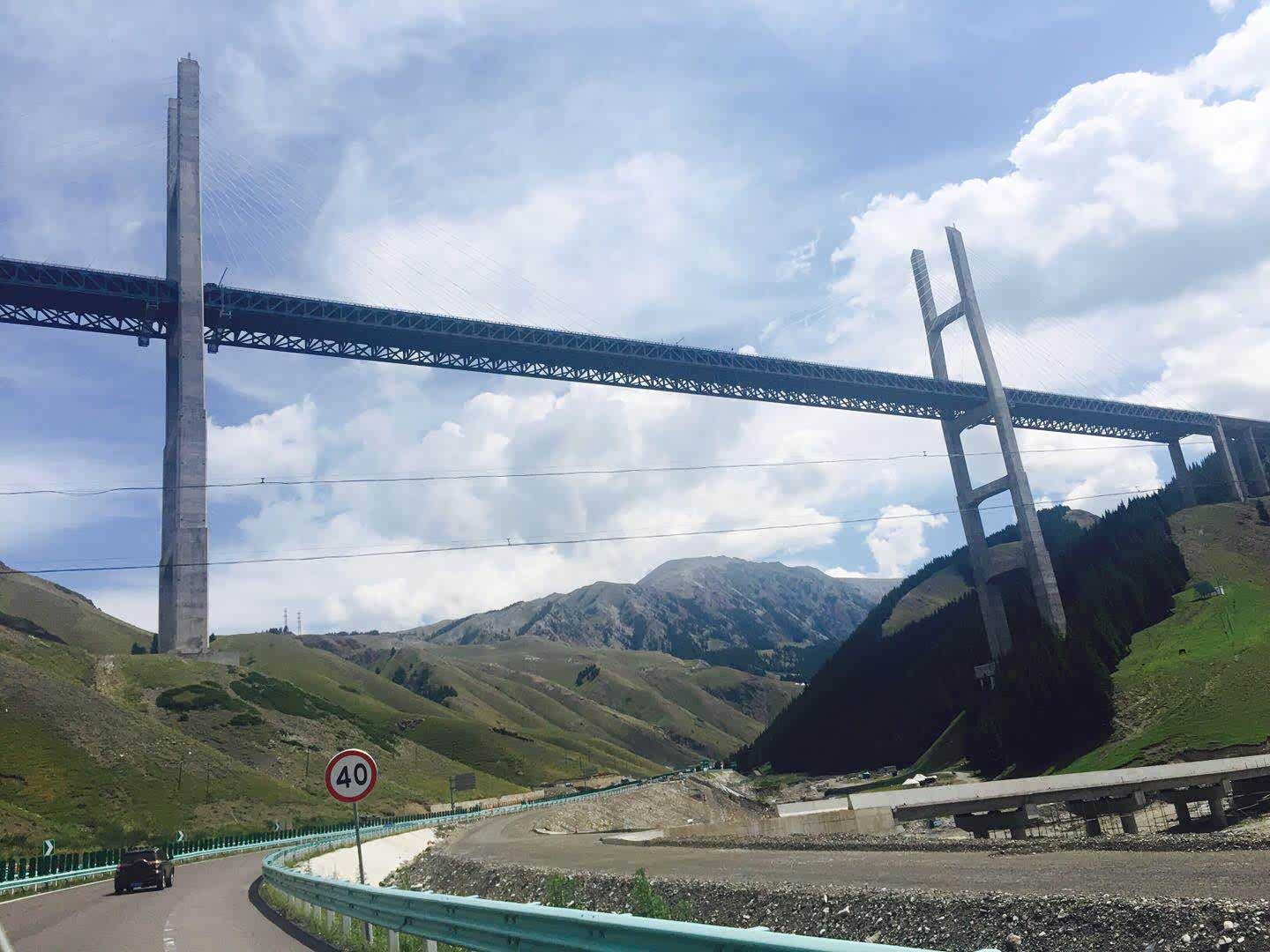 桥下仰视，拔地而起的钢筋水泥，如神庙的柱子一样胸围壮丽