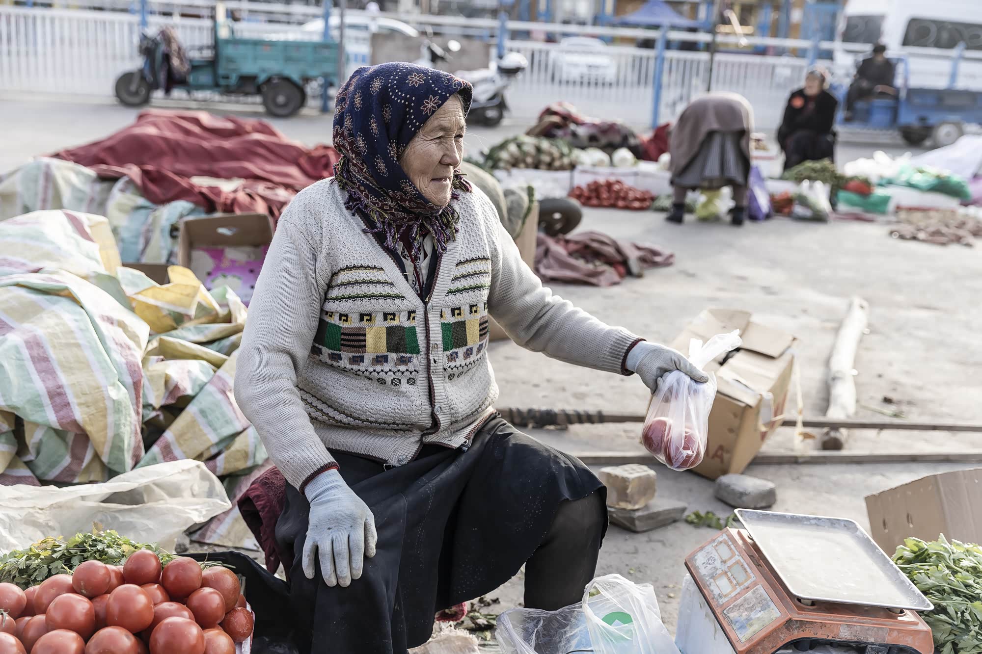 过了半天安检才进来的菜市场，这西红柿啊，都冻坏了，为了拍照片还是假装买了几个