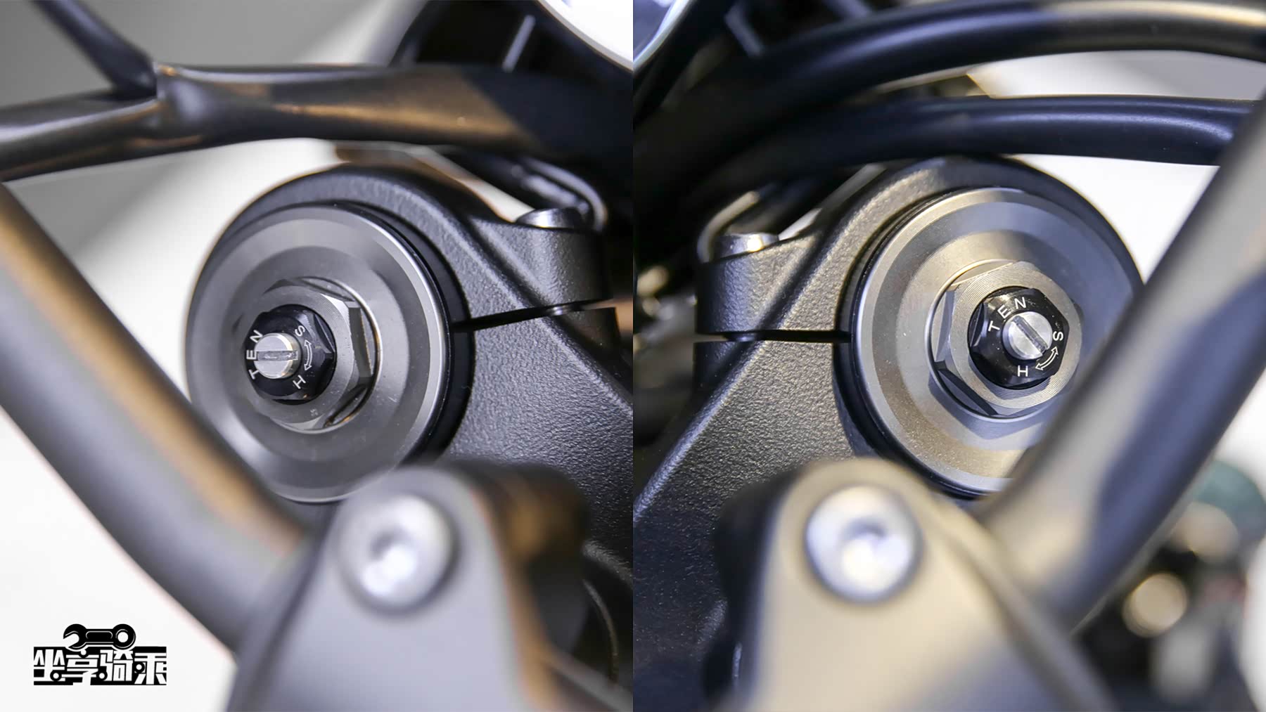 前避震采用41mm倒置前叉，顶端可调节弹簧预载、压缩阻尼