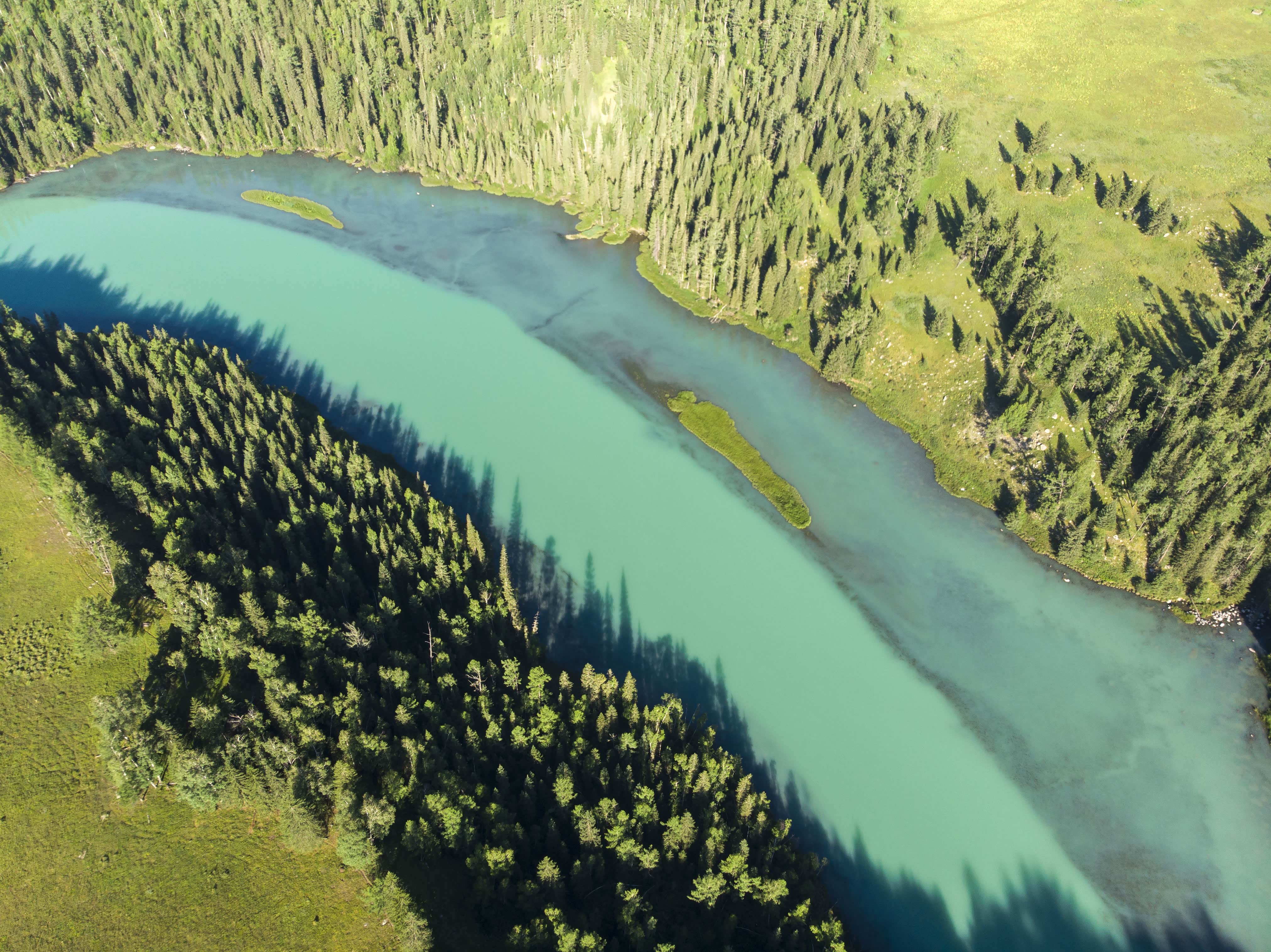 水的颜色特别碧绿，真的像玉一样，而且左右分色