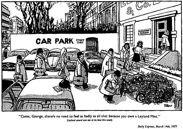 1977年的漫画。图中人物想用杂物把自己的MINI藏起来