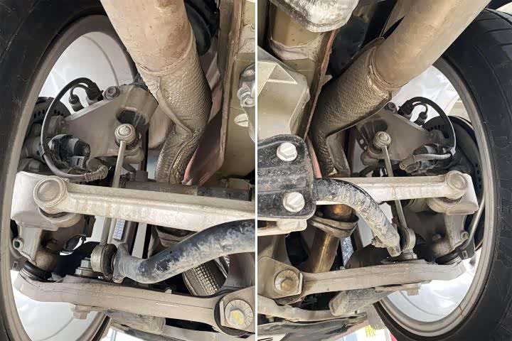 车子升起之后整体看底盘未发现有什么明显的托底痕迹.